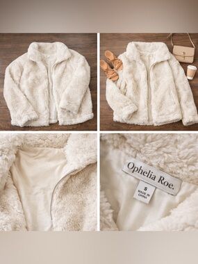 Cream Teddy Jacket Cozy Faux Shearling Zip Up Coat Soft Plush Neutral Size S